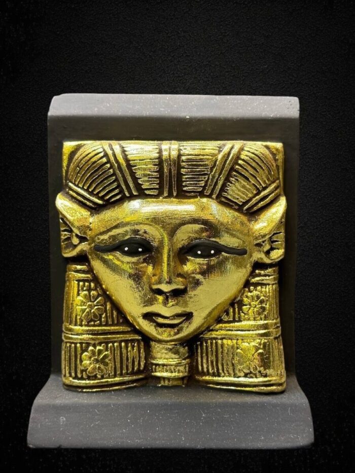 Antique Hathor Statue – Egyptian Goddess Sculpture, Gold Leaf Stone