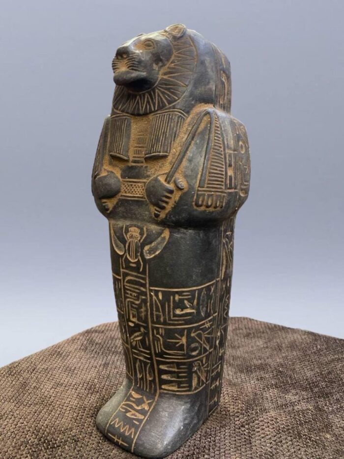 Hand Carved Basalt Sekhmet Sarcophagus, Ancient Egyptian Goddess Replica