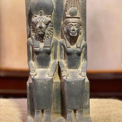 Hand-Carved Basalt Statue: Sekhmet & Hathor, Egyptian Goddesses
