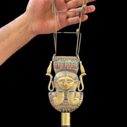 Handcrafted Hathor Sistrum: Copper, Ebony & Gemstone Egyptian Instrument