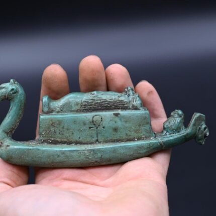 Handmade Stone Thoth Boat Statue: Egyptian Antiquity Replica