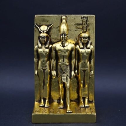 Menkaure Triad Statue – Egyptian Pharaoh, Goddess Hathor, Wife - Gold Leaf Stone