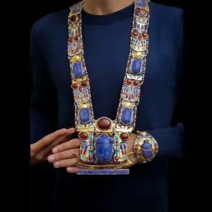 King Tutankhamun Scarab Pectoral Necklace: 24k Gold plating Lapis Lazuli