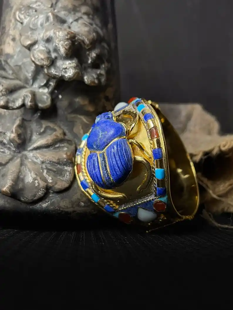 Tutankhamun Scarab Bracelet: Lapis Lazuli, 24k Gold Plated