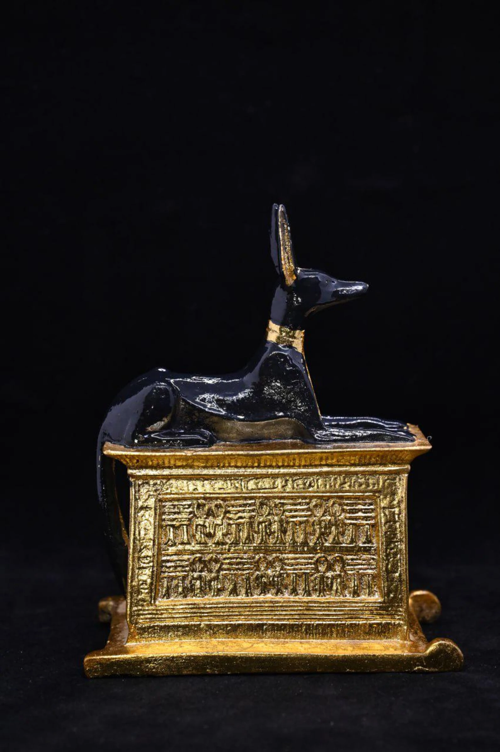 Hand-Carved Anubis Stone Statue – Gold Leaf Egyptian Decor