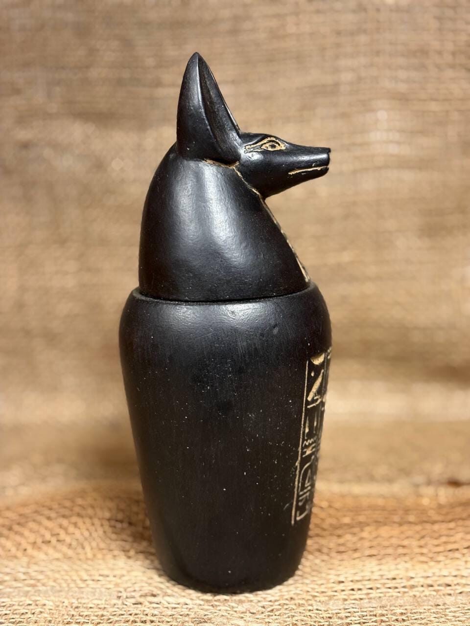 Black Stone Anubis Canopic Jar, Egyptian Mythology Sculpture