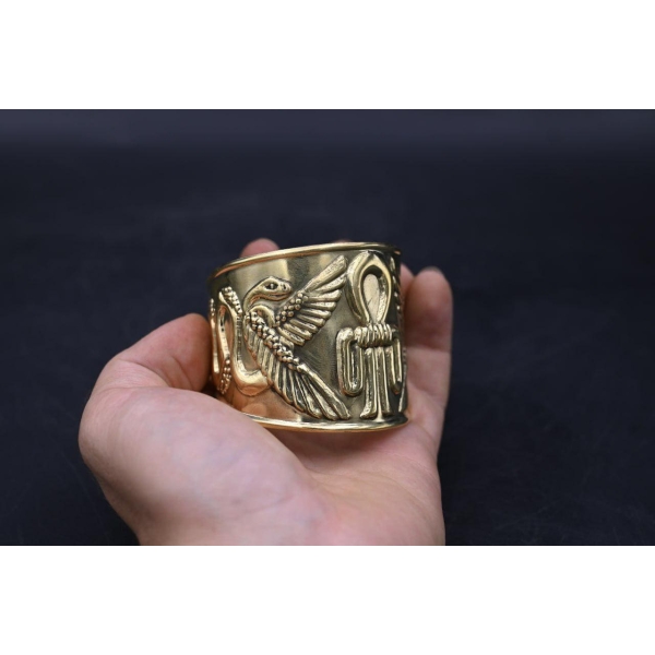Brass Hathor Knot Bracelet: Egyptian Winged Cobra Talisman