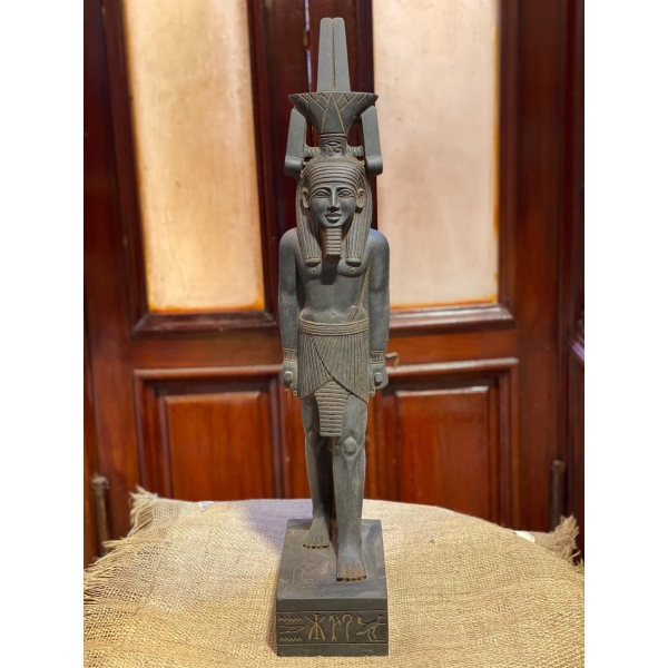 Hand-Carved Basalt Statue: Egyptian God Nefertem, Deity of Beauty & Healing