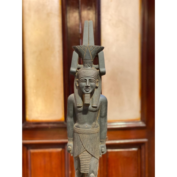 Hand-Carved Basalt Statue: Egyptian God Nefertem, Deity of Beauty & Healing