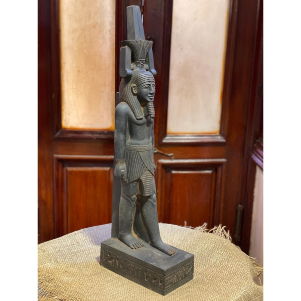 Hand-Carved Basalt Statue: Egyptian God Nefertem, Deity of Beauty & Healing
