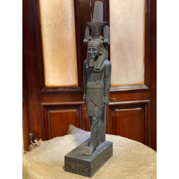 Hand-Carved Basalt Statue: Egyptian God Nefertem, Deity of Beauty & Healing