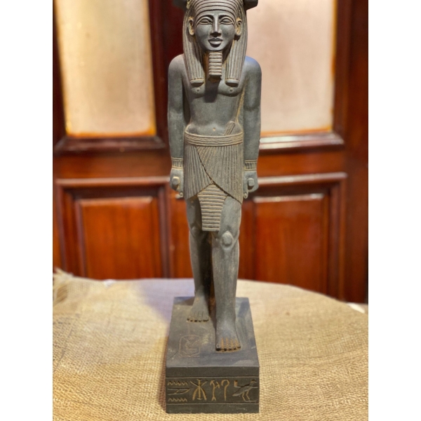 Hand-Carved Basalt Statue: Egyptian God Nefertem, Deity of Beauty & Healing