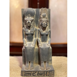 Hand-Carved Basalt Statue: Sekhmet & Hathor, Egyptian Goddesses