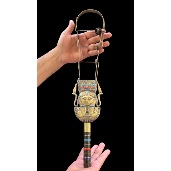 Handcrafted Hathor Sistrum: Copper, Ebony & Gemstone Egyptian Instrument