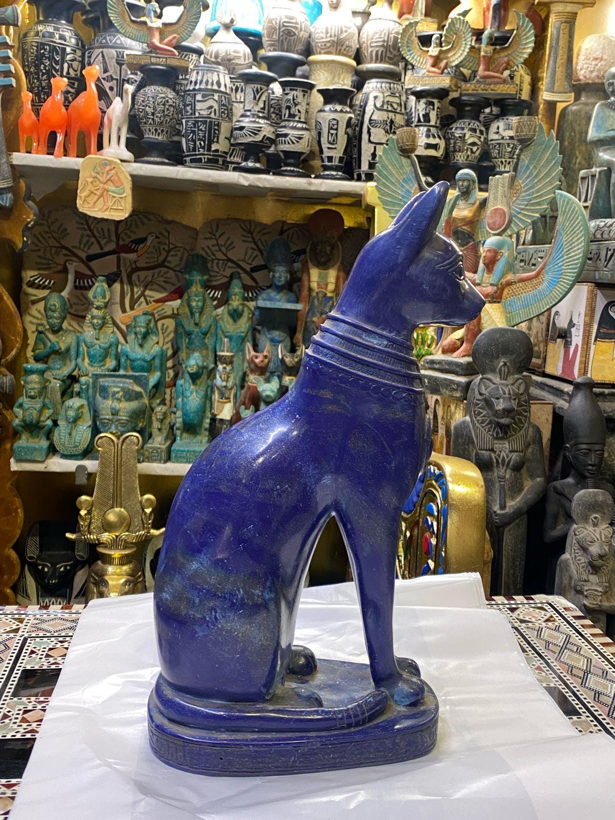 Handmade Gemstone Bastet Statue: Egyptian Goddess Home Decor