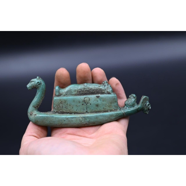 Handmade Stone Thoth Boat Statue: Egyptian Antiquity Replica