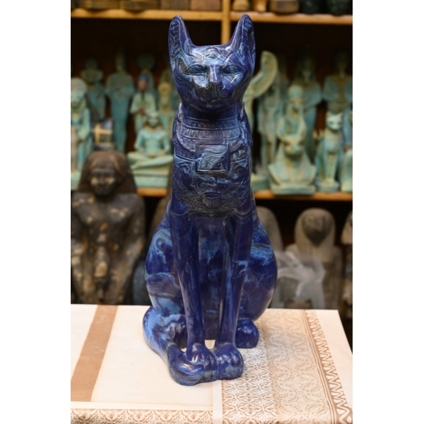 Lapis Lazuli Cat Bastet Statue, Egyptian Goddess Carving