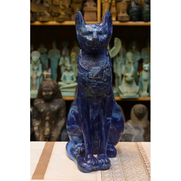 Lapis Lazuli Cat Bastet Statue, Egyptian Goddess Carving