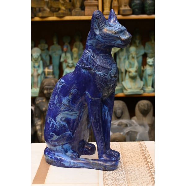 Lapis Lazuli Cat Bastet Statue, Egyptian Goddess Carving