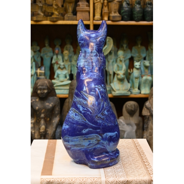 Lapis Lazuli Cat Bastet Statue, Egyptian Goddess Carving