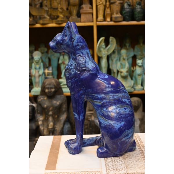 Lapis Lazuli Cat Bastet Statue, Egyptian Goddess Carving