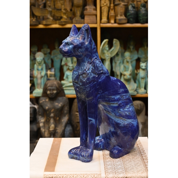 Lapis Lazuli Cat Bastet Statue, Egyptian Goddess Carving