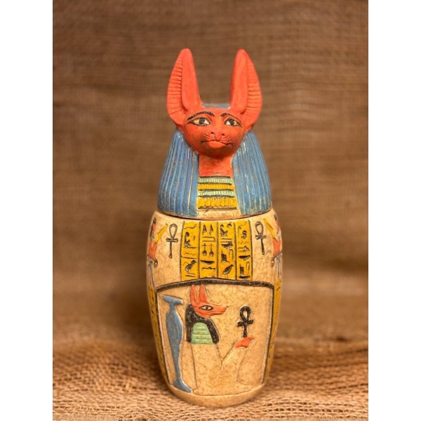 Limestone Canopic Jar, Anubis Sculpture, Egyptian Decor