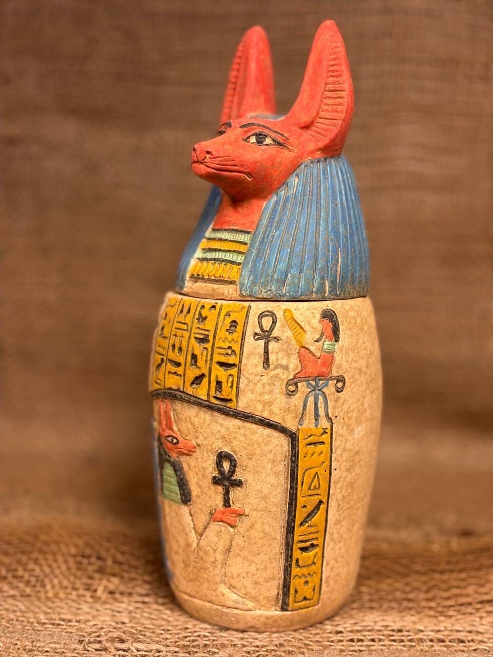 Limestone Canopic Jar, Anubis Sculpture, Egyptian Decor