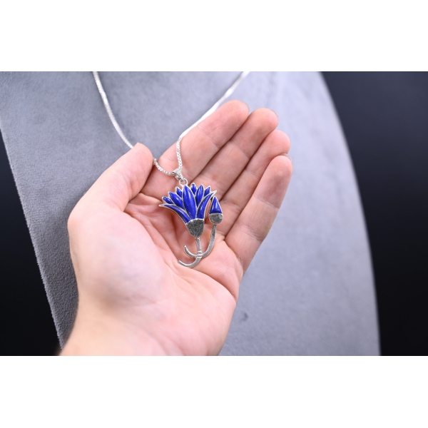 Lotus flower/amulet-necklace-silver inlaid with lapis lazuli stone-Egyptian pendant-handcrafted-Egyptian Mythology-ancient Egyptian symbol