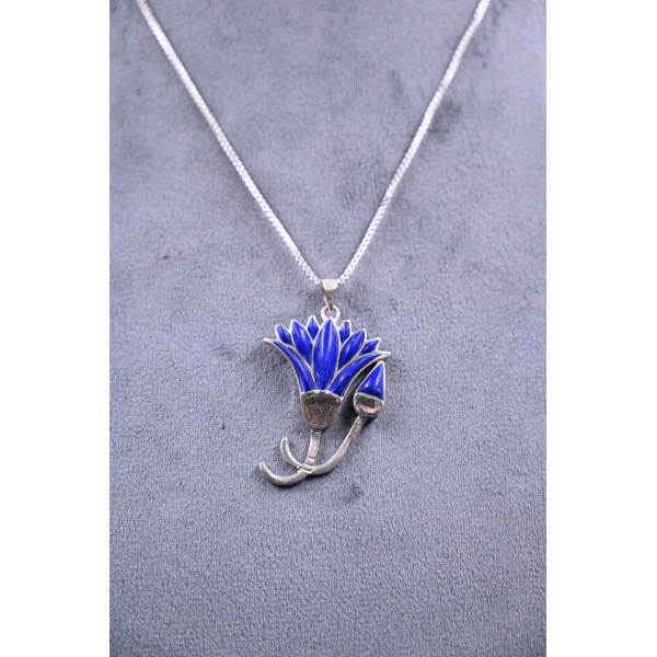 Lotus flower/amulet-necklace-silver inlaid with lapis lazuli stone-Egyptian pendant-handcrafted-Egyptian Mythology-ancient Egyptian symbol
