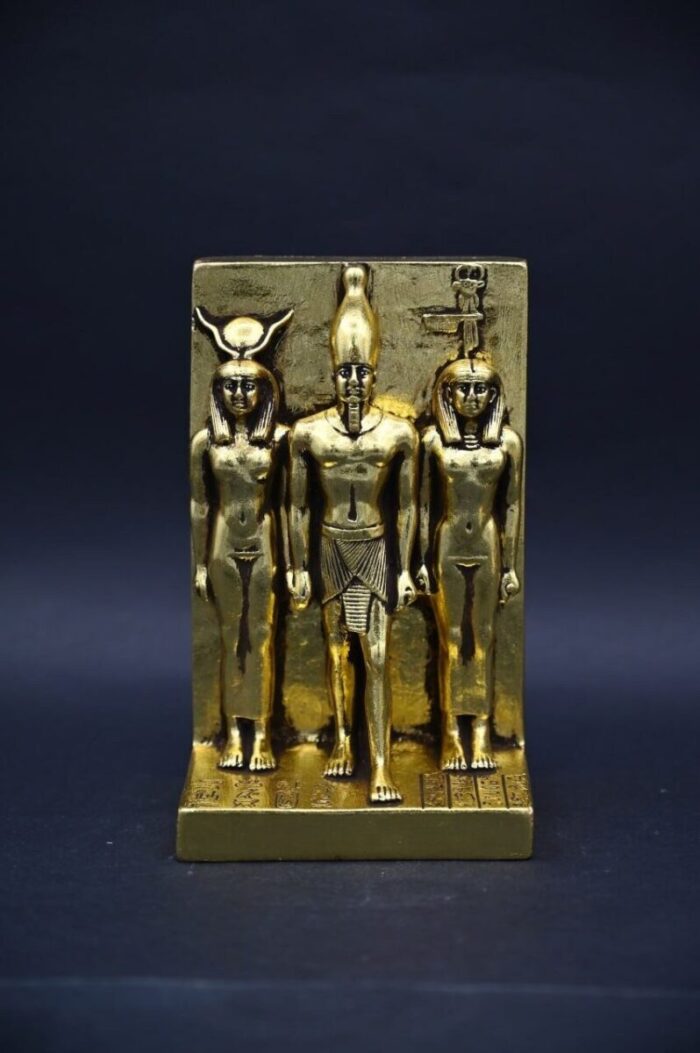 Menkaure Triad Statue – Egyptian Pharaoh, Goddess Hathor, Wife - Gold Leaf Stone