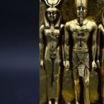 Menkaure Triad Statue – Egyptian Pharaoh, Goddess Hathor, Wife - Gold Leaf Stone - صورة إضافية 7