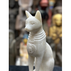 White Stone Bastet Cat Statue, Egyptian Goddess