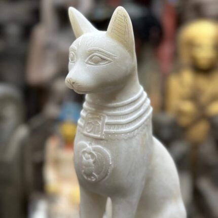 White Stone Bastet Cat Statue, Egyptian Goddess