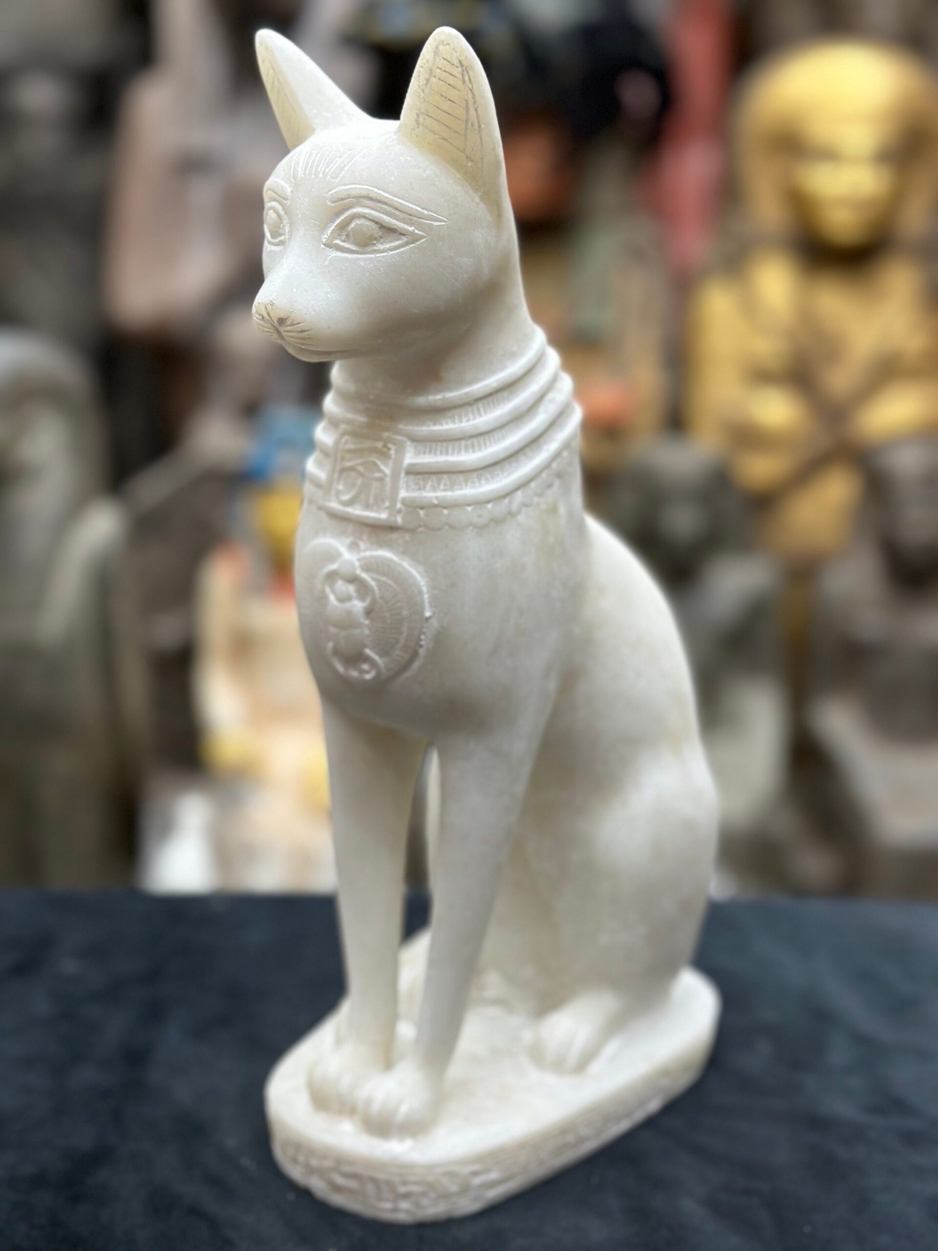 White Stone Bastet Cat Statue, Egyptian Goddess